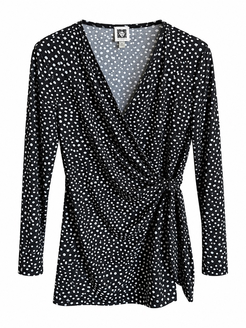 Anne Klein Black & White Polka Dot Tie-Front Wrap Blouse Size M